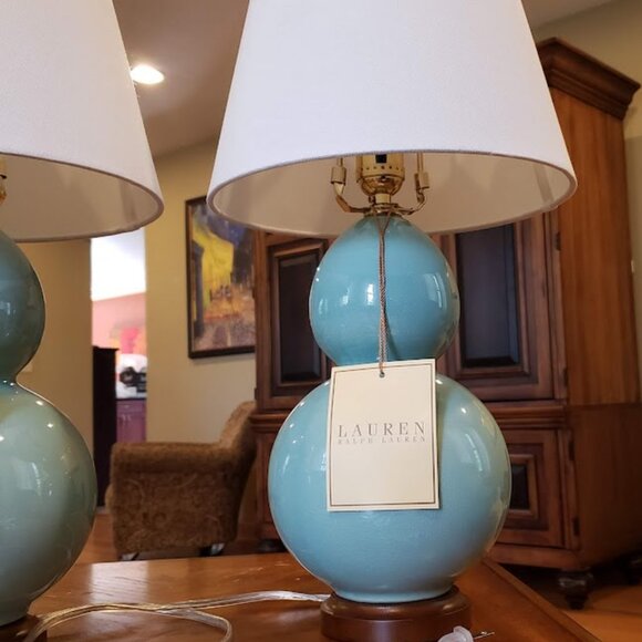 NWT Rare Aqua Color Ralph Lauren Petite Double Gourd Pair of Lamps - Picture 11 of 16